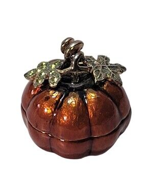 Monet Orange Enamel Rhinestone Hinged Pumpkin Trinket Box W/ Mouse Charm Inside